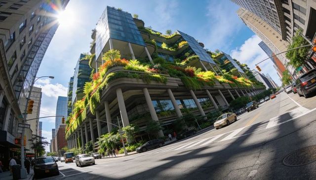 Terraced green high-rise featuring lush planted balconies and busy urban avenue