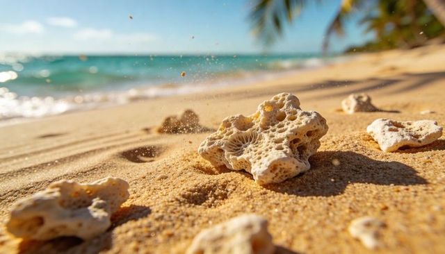 Porous bleached coral resting on golden sand at tropical shoreline with turquoise ocean