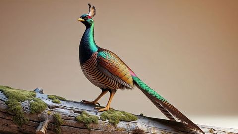 Elegant vibrant bird animal on moss-covered log with neutral backdrop
