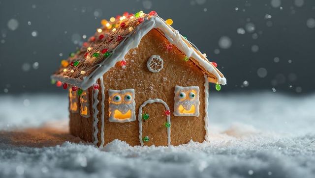 Gingerbread house sitting on snowy sugar tabletop glowing with warm lights and icing owl windows