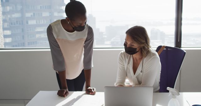 Businesswomen in Protective Masks Collaborating in Modern Office - Download Free Stock Images Pikwizard.com