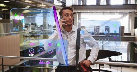 Professional with Smartphone Analyzing Digital Data Displays Technology