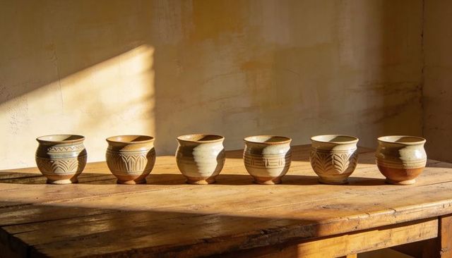 Six sunlit handmade glazed ceramic cups lining rustic wooden table casting slatted shadows