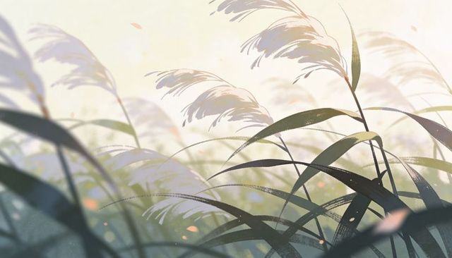 Backlit reed grasses swaying in misty marsh dawn with feathery seed heads and petals