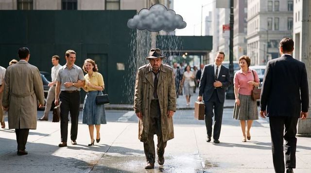 Senior man walking under rain cloud on city sidewalk wearing soaked trench coat and fedora