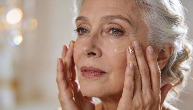 Applying under-eye cream on mature woman with silver hair and gold glitter nails, closeup
