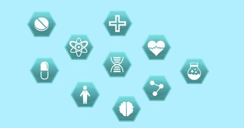 Set of medical and science icons including cross, pill, and DNA on electronic-themed background ideal for healthcare presentations, biotech projects, or technology blogs. Illustrates integration of digital tools in modern medicine and innovation in scientific research.