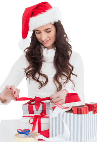 Cheerful Woman in Santa Hat Wrapping Christmas Gifts, Transparent Background