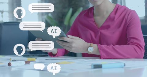Businesswoman Engaging with AI Interface on Tablet in Office - Download Free Stock Images Pikwizard.com