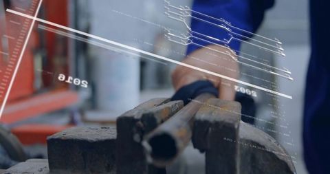 Clamping rusted steel pipe in bench vise with futuristic hud overlay for industrial repair