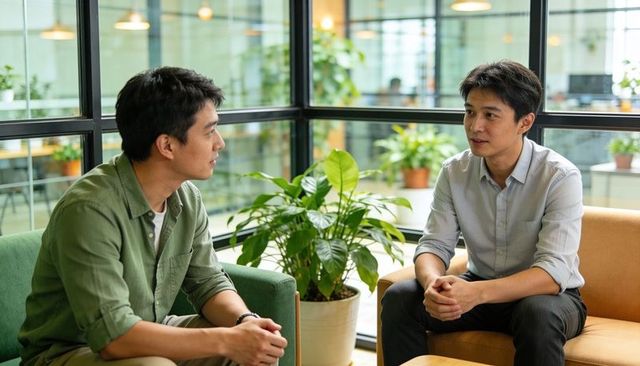 Two asian men holding one-on-one discussion in modern office lounge with plants
