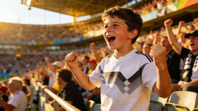 Adolescent boy cheering and pumping fists in packed stadium during golden hour