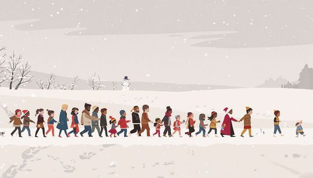 Diverse families walking through snowy field holding hands winter parade community
