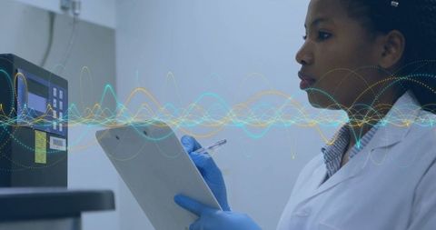 Scientist Analyzing Instrumentation with Digitized Data Overlay