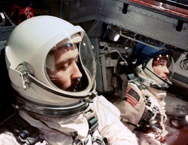 S65-29642 (3 June 1965) --- Close-up view of astronauts James A. McDivitt (foreground) and Edward H. White II inside their Gemini-4 spacecraft. NASA Headquarters alternative photo number is 65-H-294.