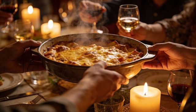 Family passing steaming cheesy casserole at candlelit dinner gathering for cozy holiday meal