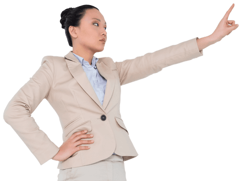 Confident asian businesswoman touching virtual screen on transparent background