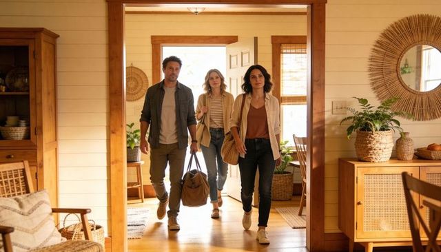 Three adults entering cozy rustic cottage carrying duffel bag and woven tote