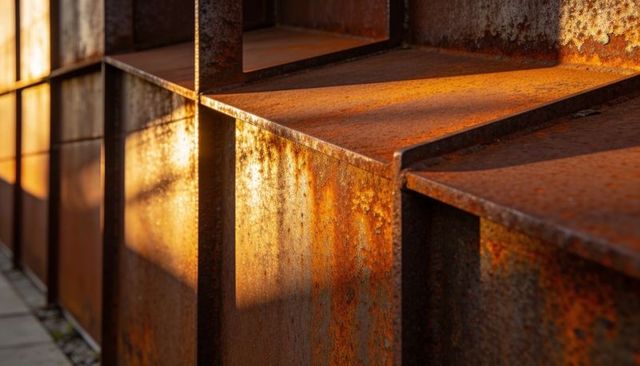 Sunlit rusted steel panels revealing welded seams, patina texture, geometric shadows
