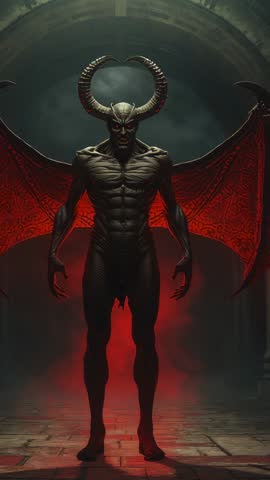 Horned Demon Emerging in Gothic Dungeon with Red Backlit Wings | Dark Fantasy Video