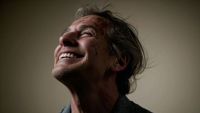 Grinning man looking upward with smudged face and moody lighting, closeup portrait