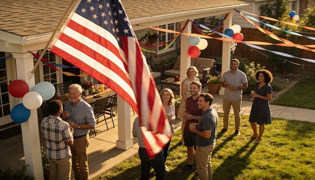 Patriotic backyard gathering celebrating independence day with friends and american flag