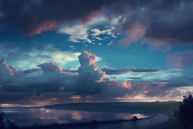 Landscape of blue sky and clouds over coast with roads and sea, using generative ai technology. Landscape, sky and view concept digitally generated image.