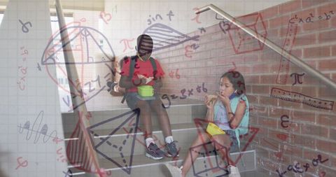 Masked schoolchildren solving math problems during pandemic