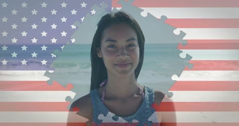 Summer Beach Scene with Patriotic US Flag Overlay