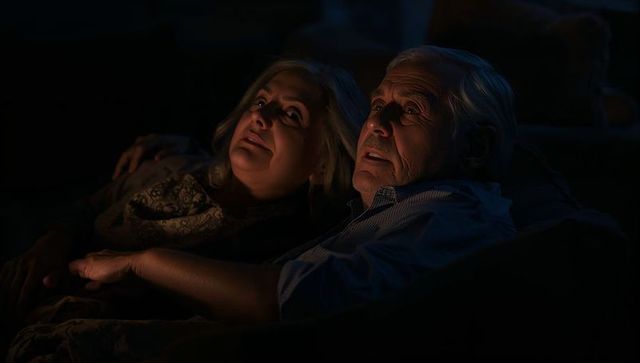 Reclining senior couple gazing toward warm light on sofa, intimate cozy companionship