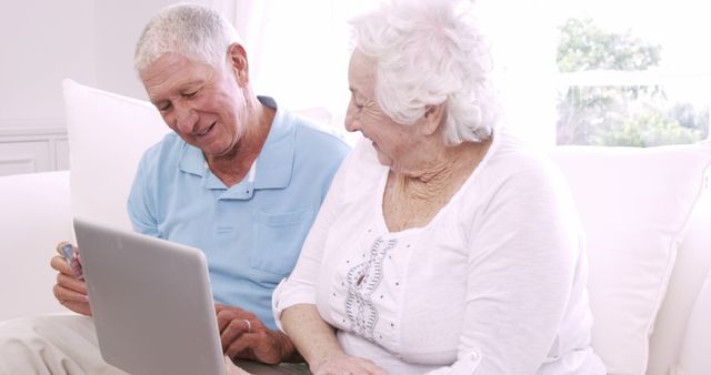 Smiling senior couple using laptop on the sofa