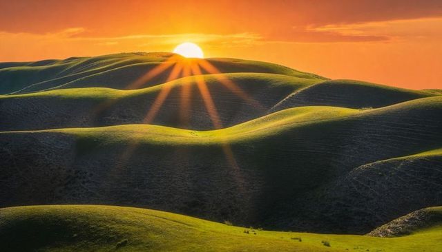 Sunset sunburst over rolling green hills, golden light stretching pastoral meadow ridges