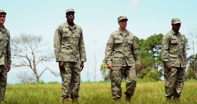 Soldiers in Uniform Walking Through Field on Sunny Day - Download Free Stock Images Pikwizard.com