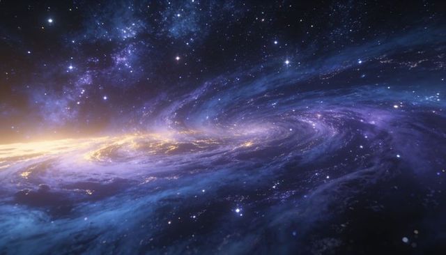 Swirling luminous galactic core with glowing spiral arms and cosmic dust lanes