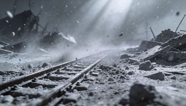 Ruined railway tracks cutting through snow-covered industrial wreckage, windblown debris