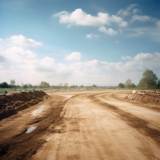 Dirt track in countryside with blue skies, created using generative ai technology. Dirt track, racing and driving concept digitally generated image.