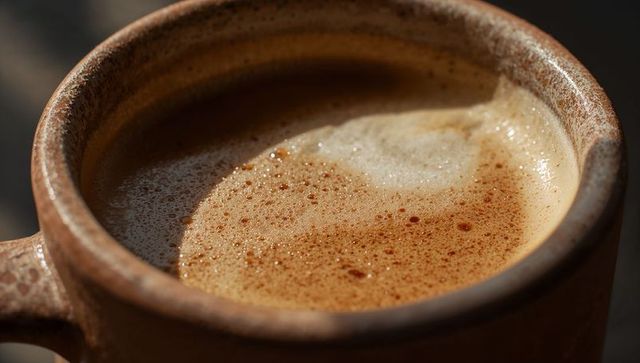 Speckled Ceramic Mug Holding Velvety Coffee Crema and Foam Bubbles, Macro Closeup