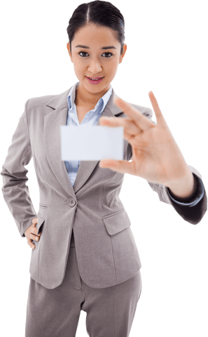 Businesswoman Holding Transparent Business Card for Professional Use