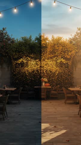 Vertical video showing patio transitioning from cool daylight to warm golden sunset with string ligh