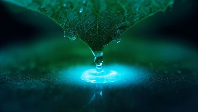 Macro view of droplet on leaf creating glowing effect