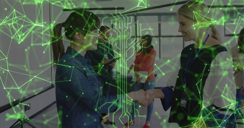 Professional Businesswomen Shaking Hands with Digital Network Overlay