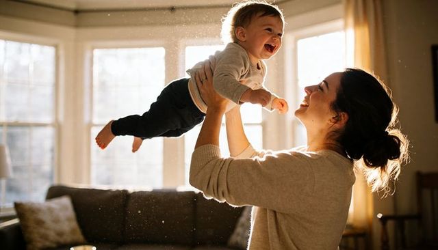 Mother lifting laughing baby in sunlit living room, joyful family bonding moment