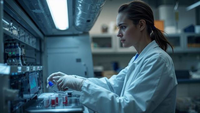 Female scientist handling vials while operating automated analyzer in modern laboratory