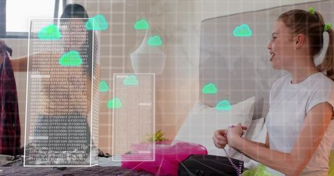 Teen girl packing beaded bracelet while cloud computing data overlay appears in bedroom