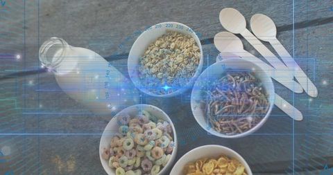 Top-down breakfast cereal assortment with milk bottle and spoons showing digital overlay
