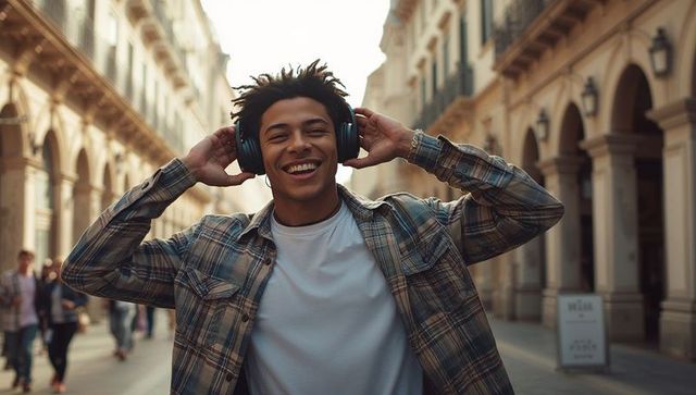 Smiling Man With Headphones Enjoying Music on Historic Street