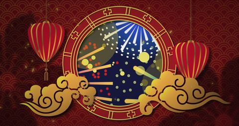 Festive chinese new year celebration banner with fireworks and lanterns