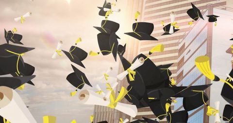 Graduation caps and diplomas in air celebration over cityscape
