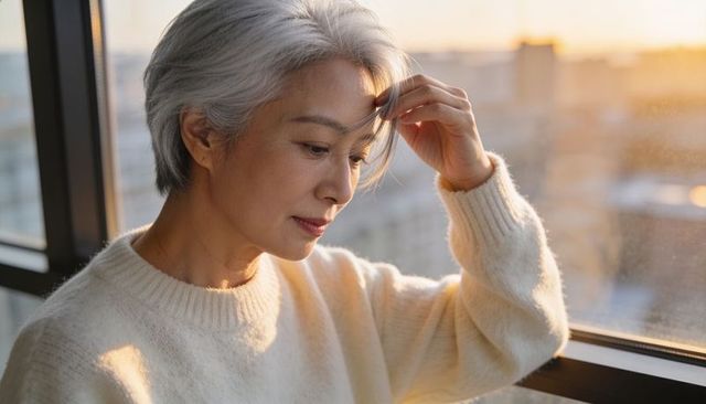Serene senior woman tucking short gray hair by window at sunset wearing cream sweater
