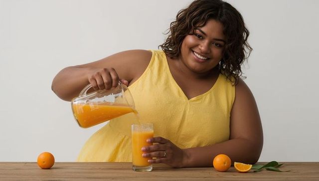 Smiling woman pouring fresh orange juice from pitcher into glass on table, studio portrait